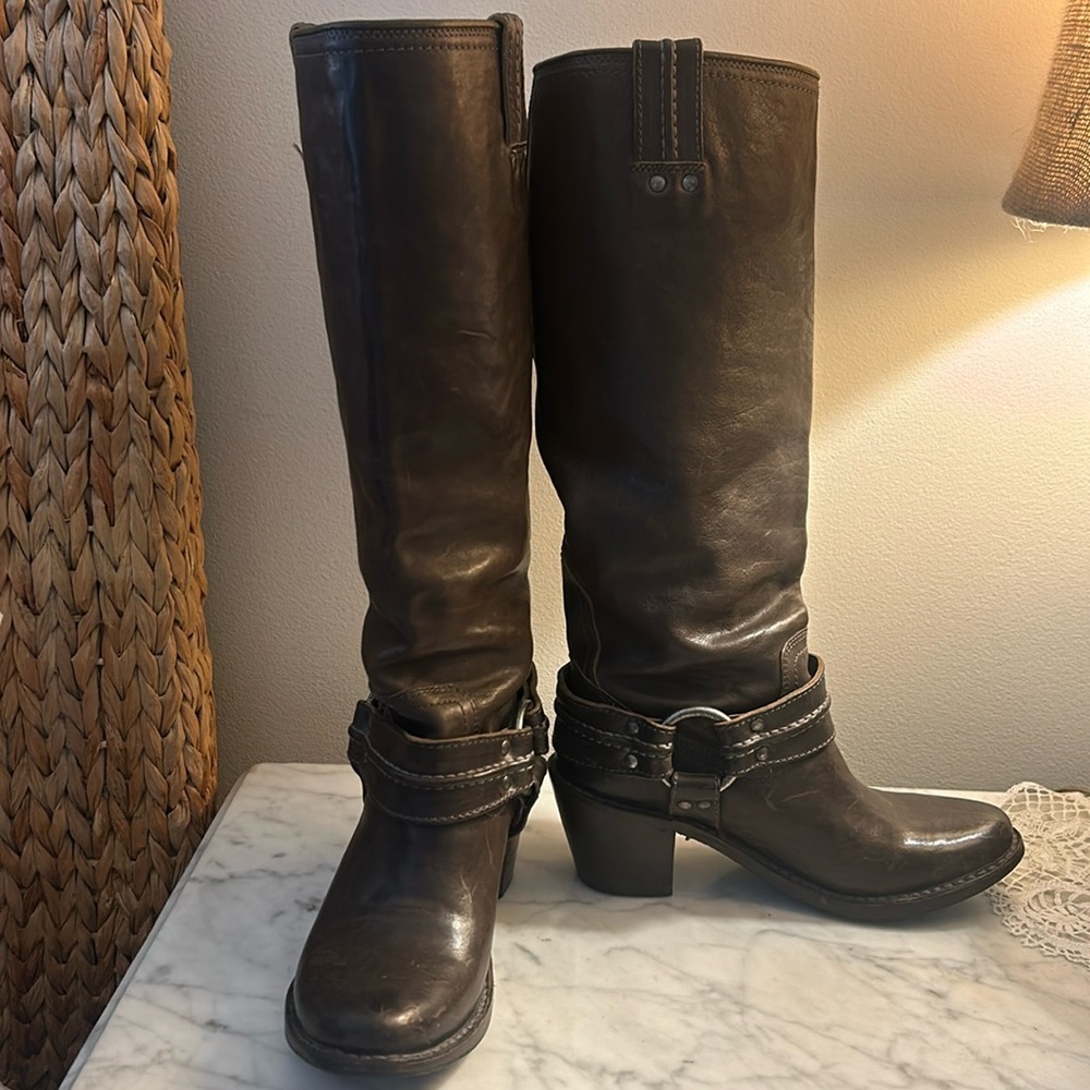 Frye tall Carmen boots. Dark mossy greenish brown. Almost new, worn once.